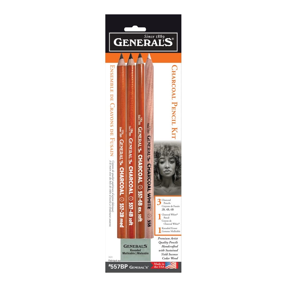 [044974557009] General Charcoal Pencil Set (4 Pencils + Eraser)